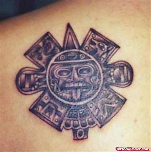 Grey Ink Aztec Back Shoulder Tattoo