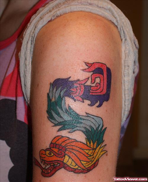 Colored Ink Aztec Tattoo On Left Half Sleeve