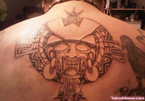 Grey Ink Aztec Tattoo On Back Body