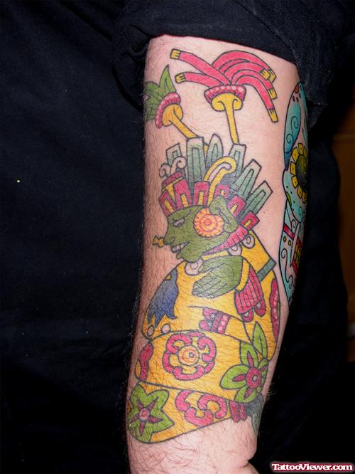 Beautiful Aztec Colored Tattoo On Sleeve