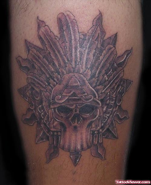 Aztec Skull With Feather Tattoo