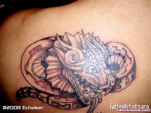 Grey Ink Aztec Tattoo On Back Shoulder