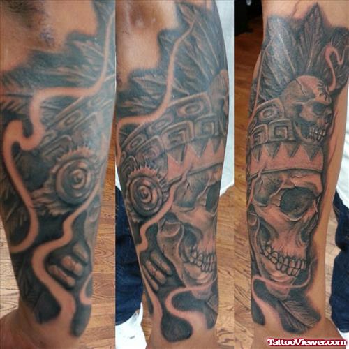 Grey Ink Aztec Skull Tattoo