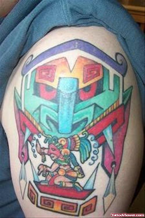 Colored Aztec Tattoo On Left Shoulder