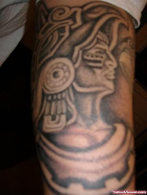Awesome Grey Ink Aztec Warrior Head Tattoo