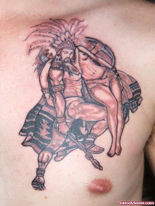 Cute Aztec Warrior Tattoo On Man Chest