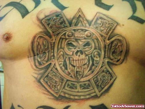 Aztec Skull Tattoo On Man Chest
