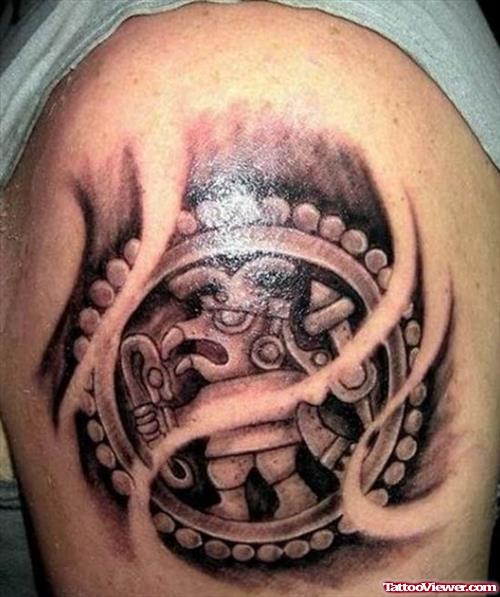Aztec Circle Tattoo On Left Shoulder