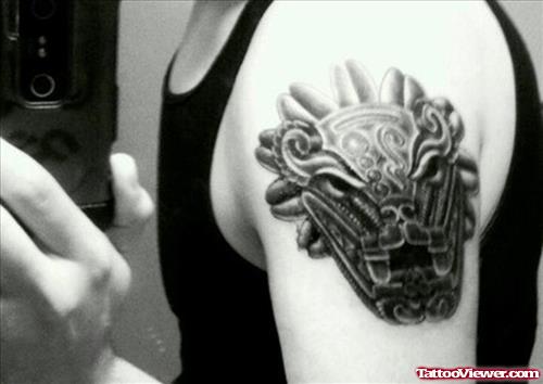 Aztec Skull Left Shoulder Tattoo