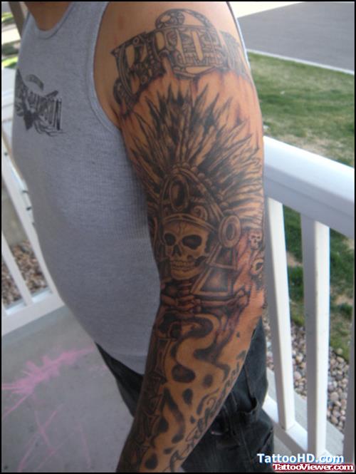 Aztec Gods Tattoo On Man Left Sleeve