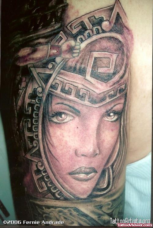 Aztec Girl Head Tattoo On Half Sleeve