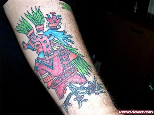 Aztec Colored Tattoo On Sleeve