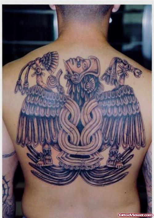 Amazing Grey Ink Aztec Tattoo On Upperback