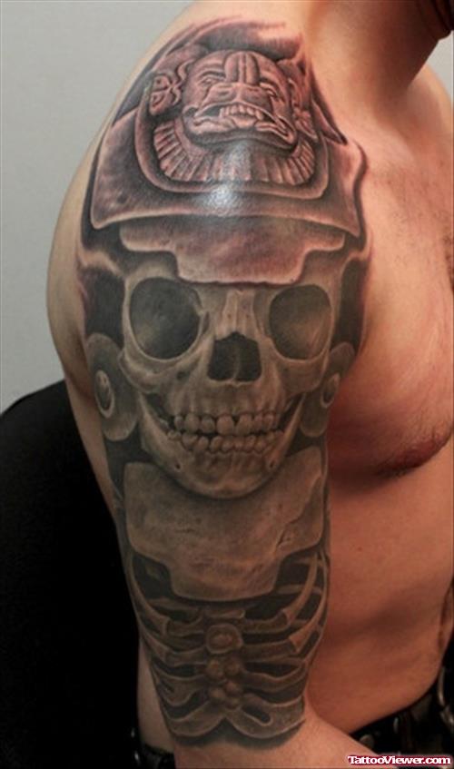 Aztec Skull Tattoo On Right Half Sleeve
