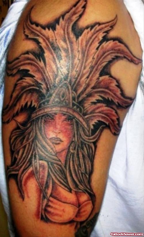 Attractive Aztec Girl Tattoo On Right Half Sleeve