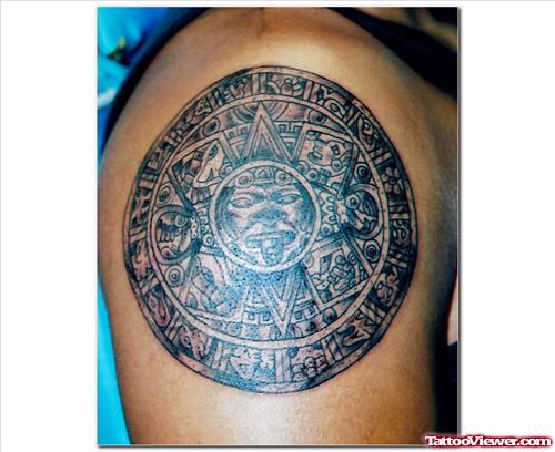 Aztec Grey Ink Shoulder Tattoo