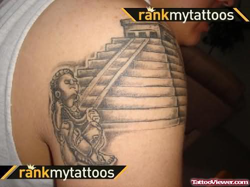 Aztec House Tattoo On Shoulder