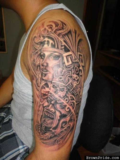 Classic Left Half Sleeve Grey Ink Aztec Tattoo