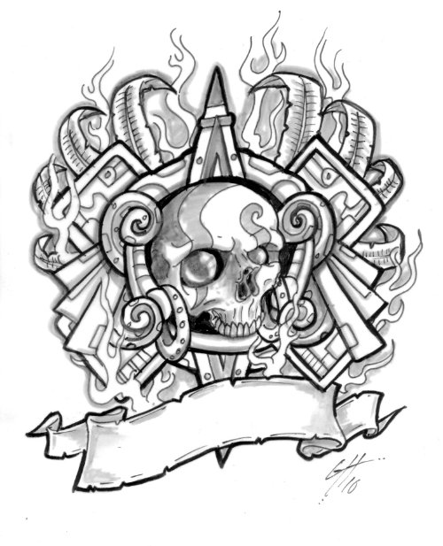 Aztec Skull Banner Tattoo Design