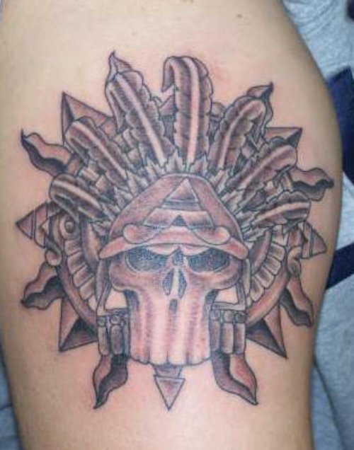 Best Aztec Skull With Feathers Tattoo