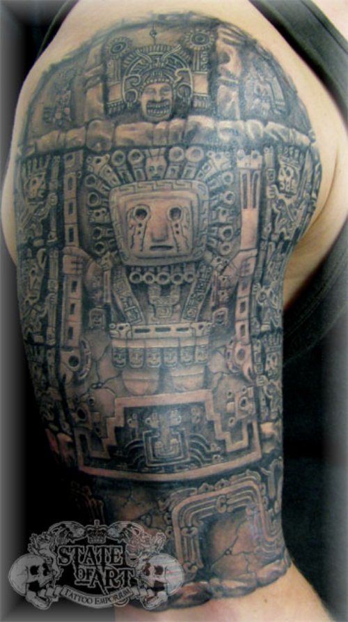 Impressive Aztec Tattoo On Right Half Sleeve