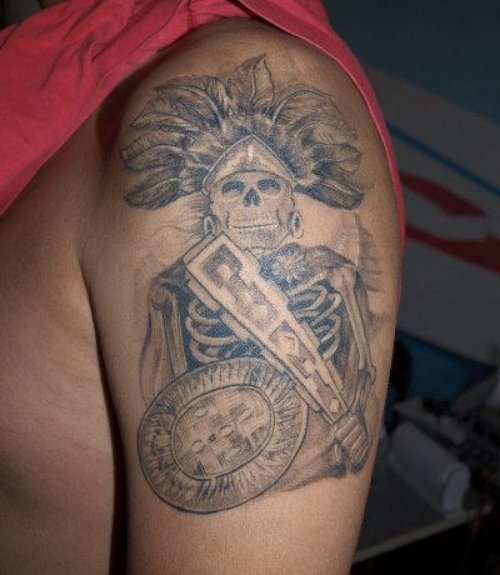Latest Aztec Tattoo On Left Half Sleeve