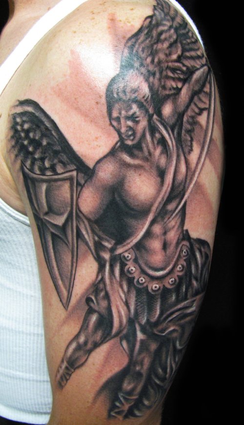 Aztec Warrior Grey Ink Tattoo On Left Half Sleeve