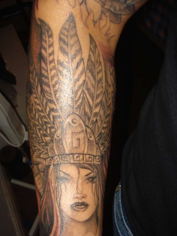 Aztec Girl Head Tattoo On Sleeve