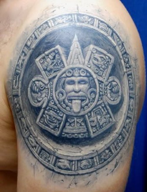 Grey Ink Aztec Tattoo On Man Left Shoulder