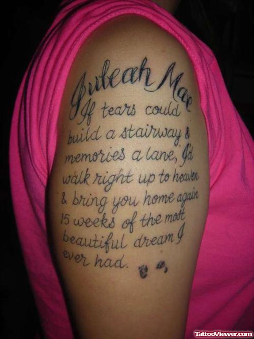 Baby Quote Tattoo On Right Half Sleeve