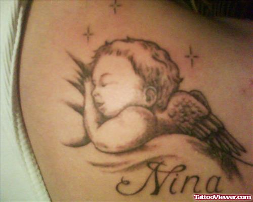 Nina Name And Sleeping Baby Angel Tattoo