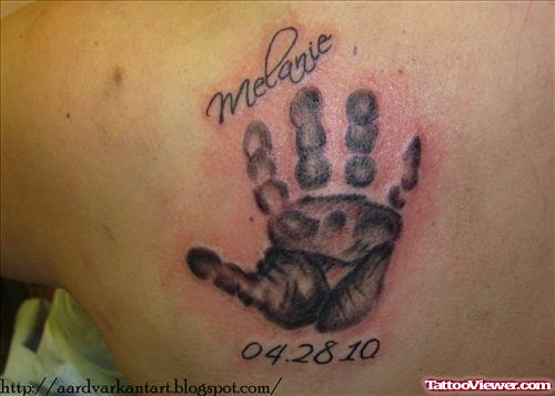 Memorial Baby Handprint Tattoo On Back Shoulder