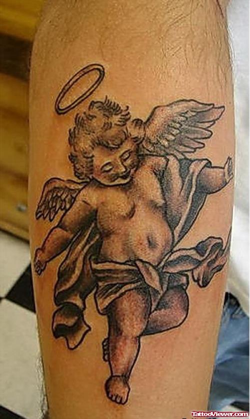 Grey Ink Flying Baby Angel Tattoo On Arm