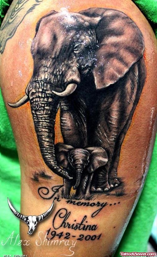 Dark Ink Mother And Baby Elephant Tattoo On Left Half Sleeve