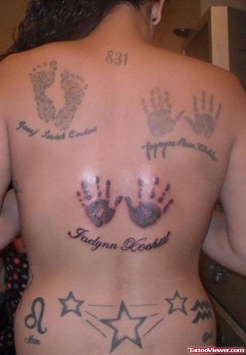 Baby Footprints And Handprints Tattoo On Back