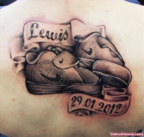 Memorial Lewis Baby Shoes Tattoo On Back