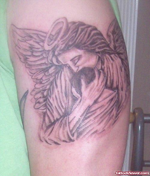 Grey Ink Mother Angel And Baby Angel Tattoo