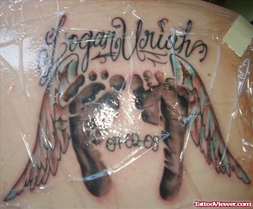 Grey Ink Angel Winged Foot Prints Tattoo On Back