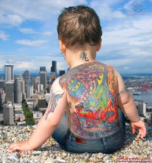 Coloful Baby Tattoos On Back