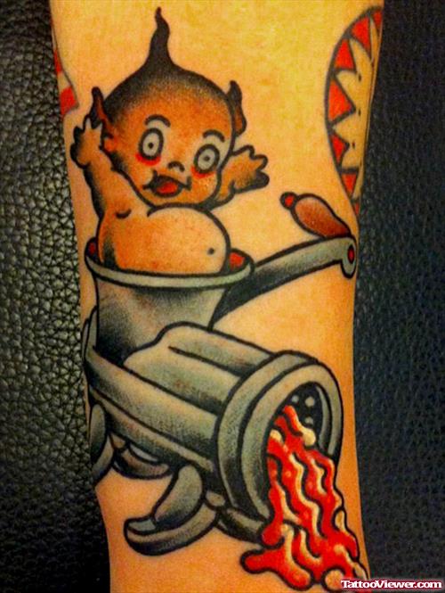 Baby In Fire Tattoo On Arm