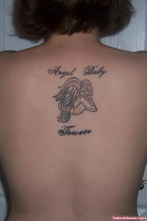 Awesome Grey Ink Baby Angel Tattoo On Upperback