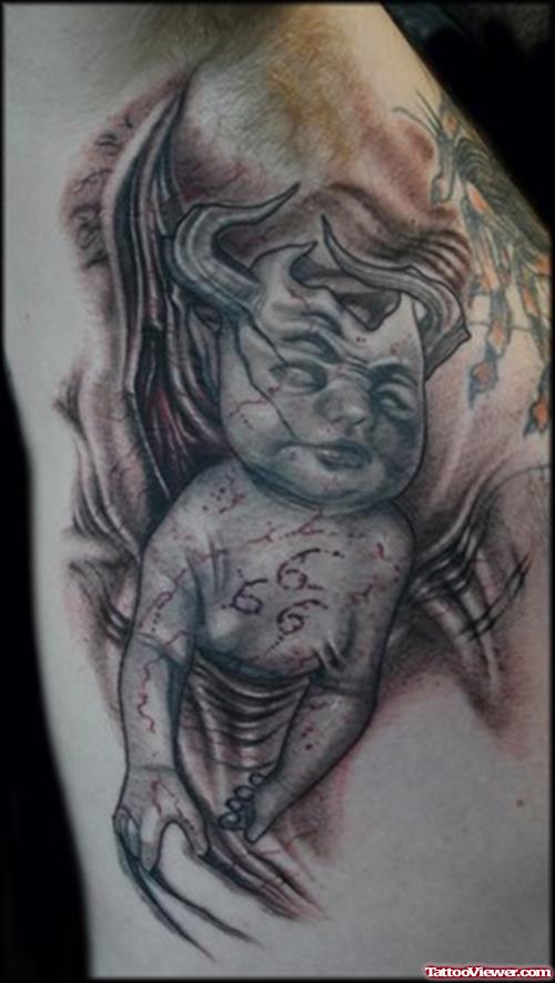 Grey Ink Devil Baby Tattoo
