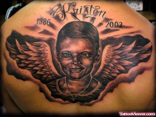 Memorial Baby Angel Tattoo On Upperback
