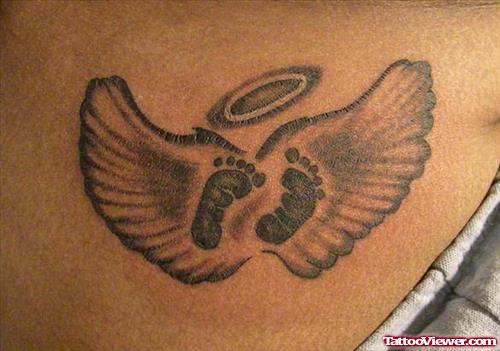 Grey Ink Angel Winged Baby Footprints Tattoo