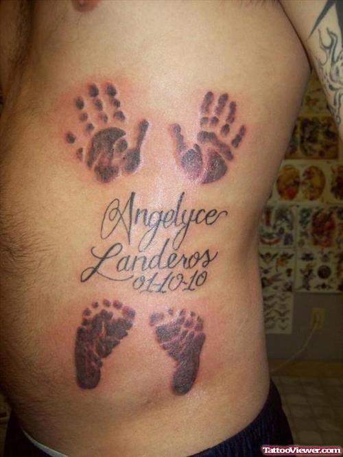 Baby Handprints And Footprints Tattoos On Side Rib