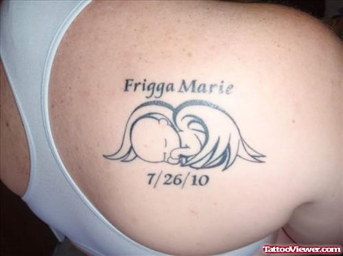 Frigga Marie Memorial Baby Angel Tattoo On Back Shoulder