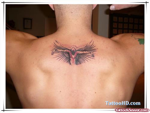 Baby Angel Tattoo On Man Upperback