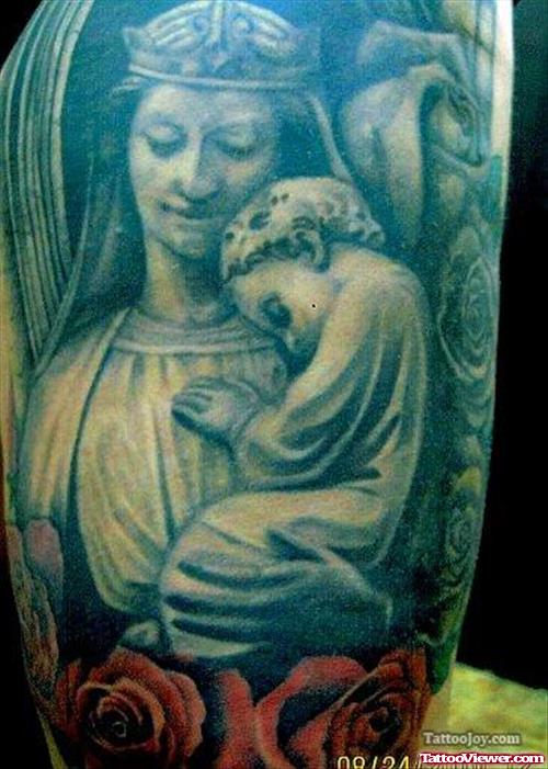 Red Roses And Mother And Baby Angel Tattoo