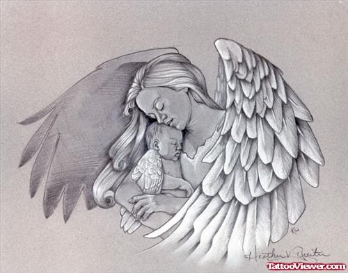 Mother Angel With Baby Tattoo Design