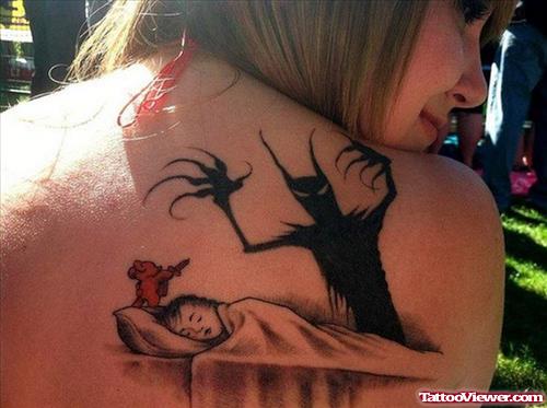 Ghost And Baby Tattoo On Right Back Shoulder